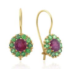Ruby & Emerald Halo Drop Earrings 14k Gold