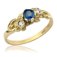 טבעת אירוסין זהב 14 קראט פרחונית עם ספיר ויהלומים סגנון אר נובו