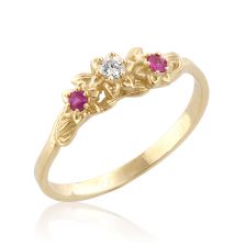 טבעת אירוסין פרחונית משובצת יהלום ואבני רובי