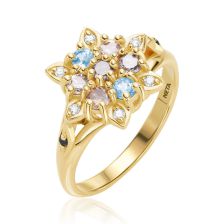 טבעת במראה וינטאג' משובצת יהלומים ואבני חן בצורת פרח