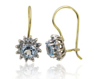 Yellow Gold Diamond and Blue Topaz Drop Earrings 