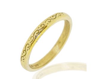 Classic Thin Cylinder Wedding Band Vintage Carvings 14k Gold
