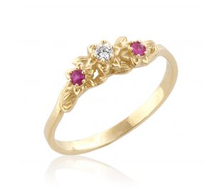טבעת אירוסין פרחונית משובצת יהלום ואבני רובי