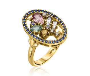 טבעת קוקטייל א-סימטרית משובצת יהלומים ואבני חן בהשראת נימרודיל 