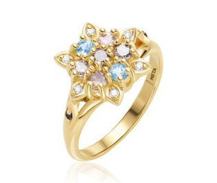 טבעת במראה וינטאג' משובצת יהלומים ואבני חן בצורת פרח