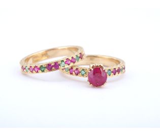 Custom Ruby & Emerald Engagement & Wedding Ring Set