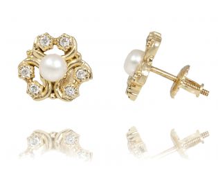 עגילים צמודים בצורת פרח עם פנינה ויהלומים 