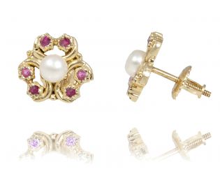 עגילי פרח מזהב משובצים פנינה ואבני רובי 