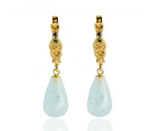 Antique Design Aquamarine Drop Yellow Gold Earrings 